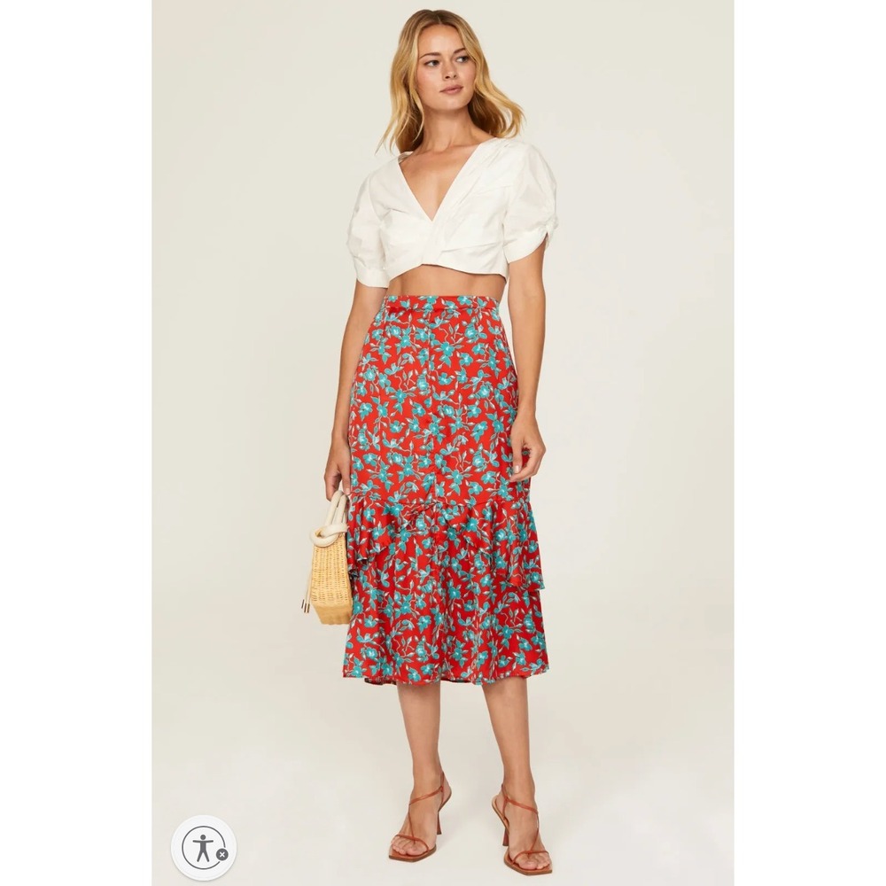 Love White Whitney Port Red Turquoise Skirt Floral Ruffle Satin Midi Sz M